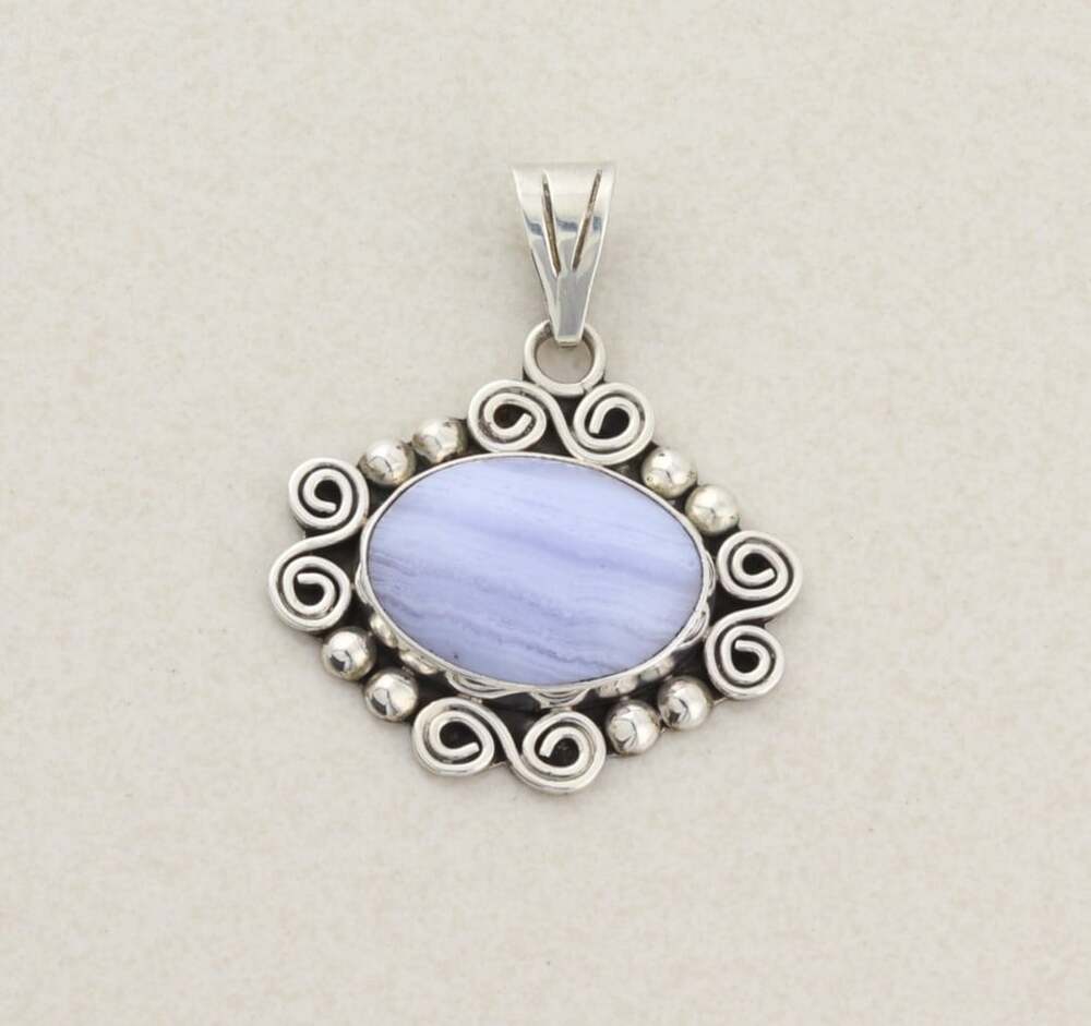 Sterling Silver Blue Lace Agate Pendant Vintage Mexico 2" x 1 1/2" inch